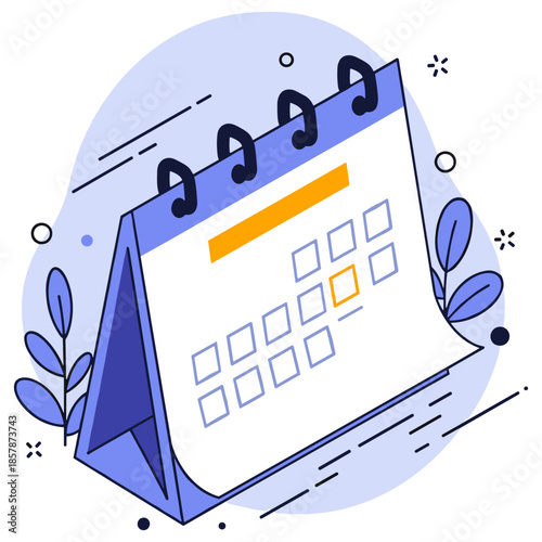 Blue spiral calendar with abstract leaves and geometric shapes illustrating time management