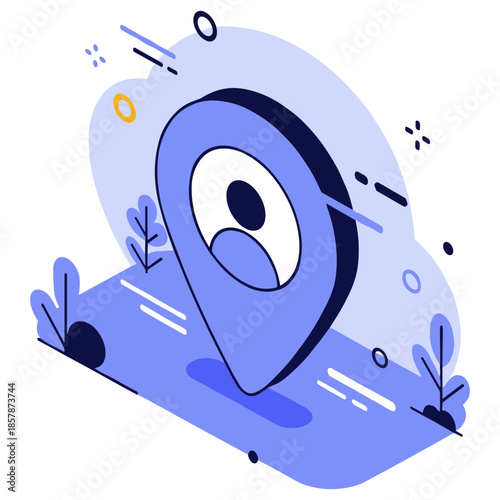 Stylized blue location icon with eye and abstract design elements