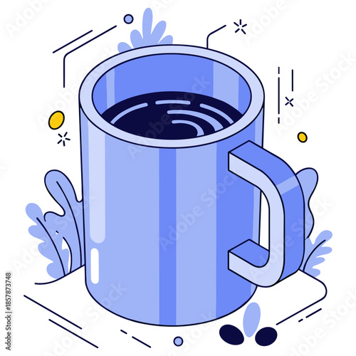 Blue coffee mug with geometric design and abstract shapes