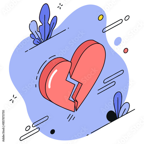 Broken heart illustration with abstract nature elements in pastel colors
