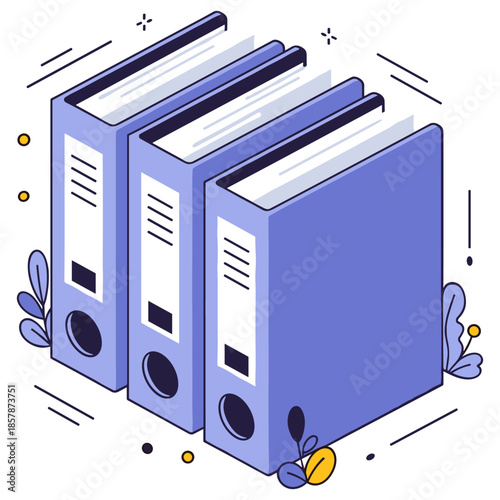 Organized office: three blue binders with decorative floral elements