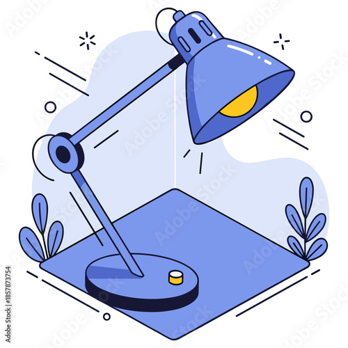 Minimalist blue desk lamp illustration with geometric shapes and foliage accents