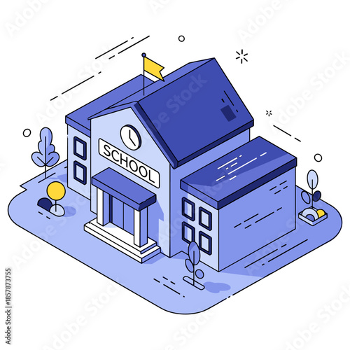 Isometric illustration of a modern school building in blue tones