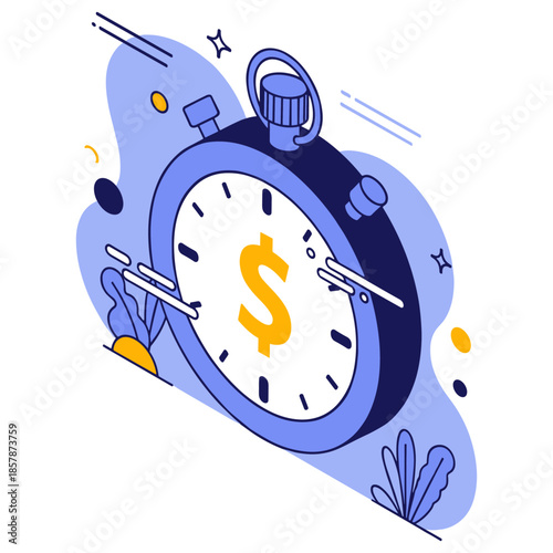 Cartoon stopwatch with dollar symbol indicating time and money concept