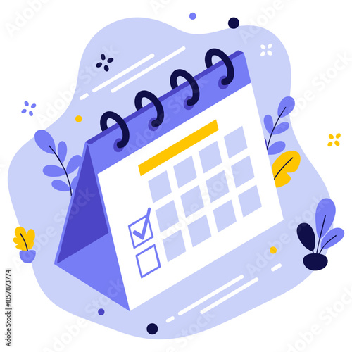 Illustrated spiral calendar with checkmark and abstract design elements
