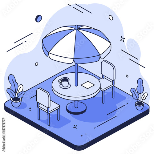 Isometric outdoor cafe scene with umbrella, chairs, and table