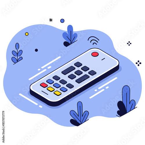 Cartoon tv remote with colorful buttons and abstract blue background