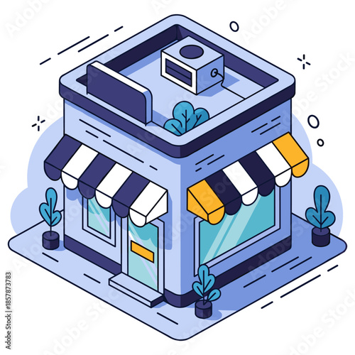 Isometric cartoon storefront with striped awning and plants