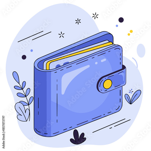 Blue wallet with banknotes on abstract background and stylized elements