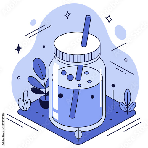 Jar with straw and decorative elements in minimalist blue design