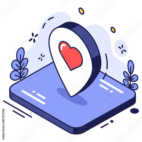 Heart location marker on digital map with floral accents