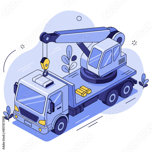 Cartoon construction crane truck illustration with crane arm and hook in action