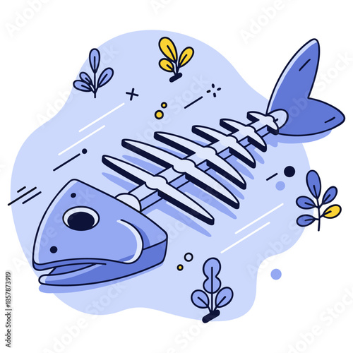 Abstract illustration of fish skeleton with artistic blue and yellow accents