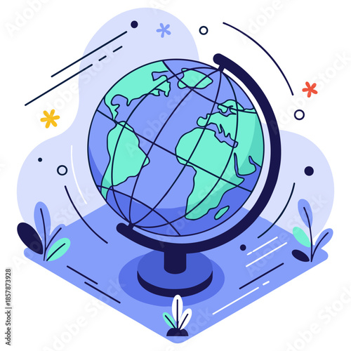 Colorful illustrated globe with abstract background and plant accents