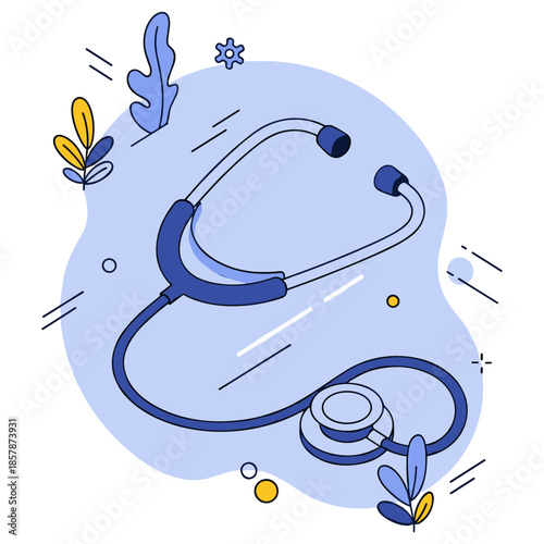 Artistic blue stethoscope illustration with leaves and abstract elements