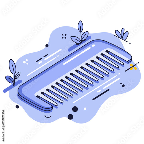Illustration of a blue hair comb with decorative leaves and abstract shapes
