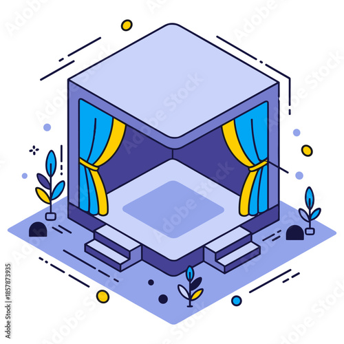 Isometric theater stage with curtains and steps in geometric design