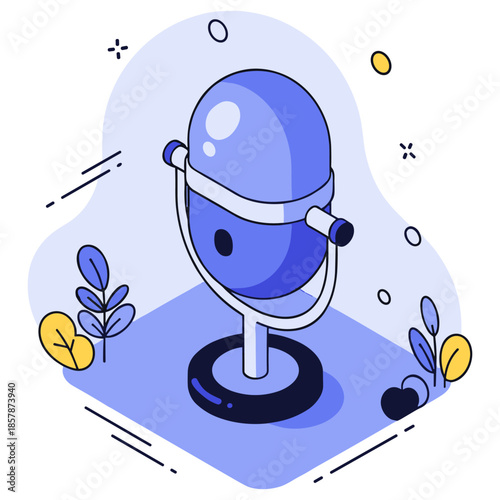 Vintage style blue microphone on stand with geometric design elements