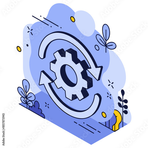 Abstract gear with arrows and nature elements in blue tones