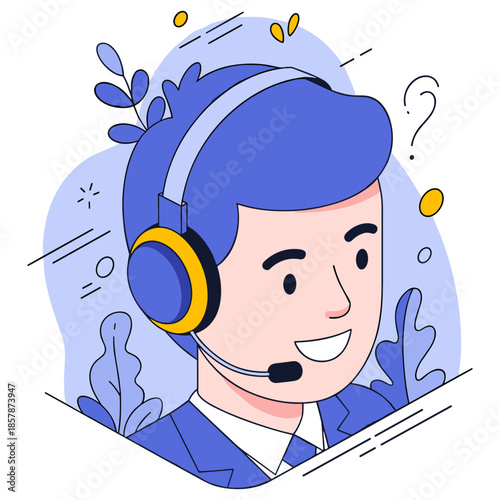 Smiling male customer service agent with headset in blue illustration