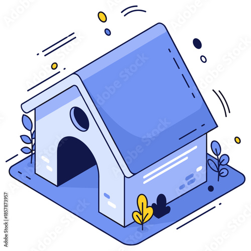 Blue doghouse illustration with abstract design elements