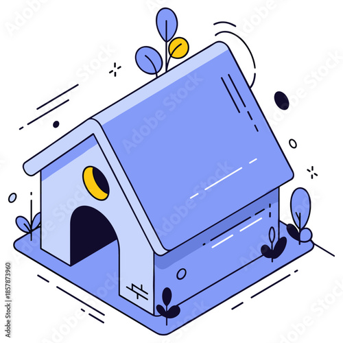 Modern minimalist purple doghouse with geometric design elements