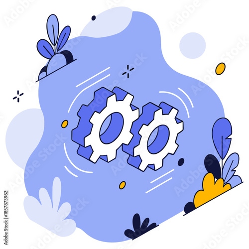 Abstract blue illustration of gears and leaves with fluid shapes and organic elements