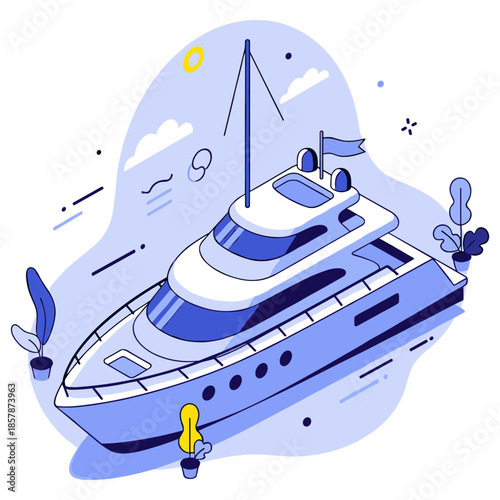 Modern luxury yacht on abstract nautical background with stylized waves and sky elements