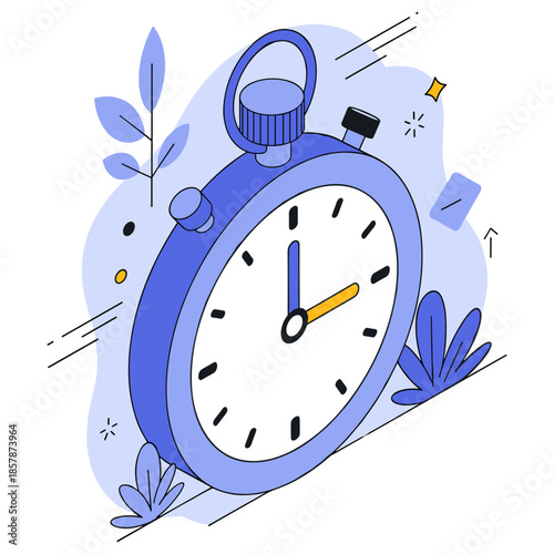 Blue stopwatch illustration with abstract elements and plant accents