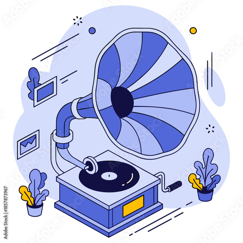 Vintage blue gramophone with vinyl record and decorative elements in modern illustration