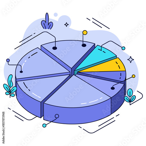 3d blue pie chart with segmented data and decorative elements