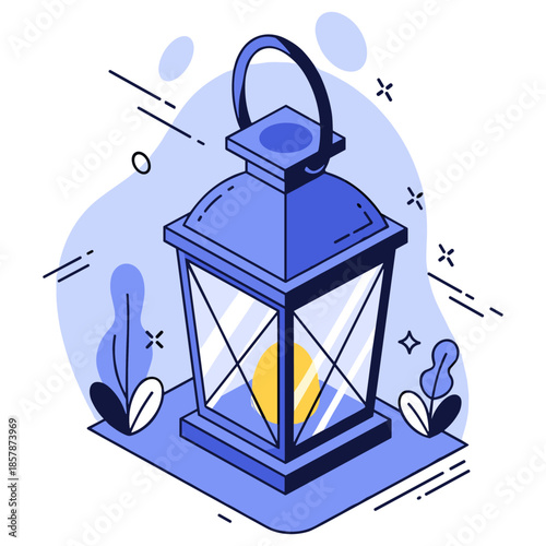 Blue lantern illustration with yellow light and abstract elements