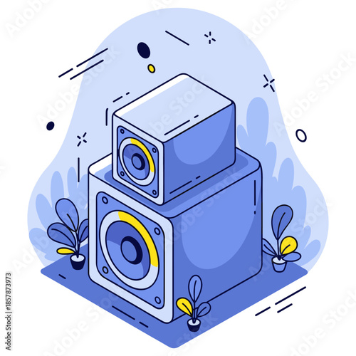 Blue geometric speakers with decorative plants