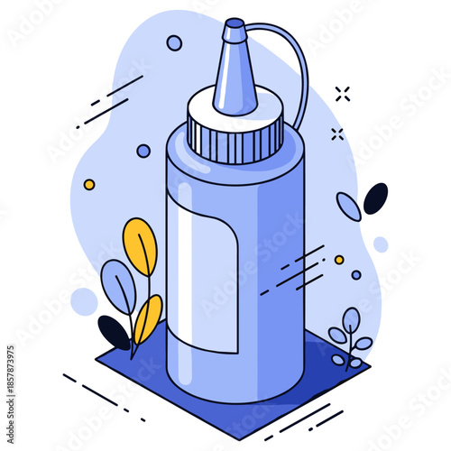 Blue artistic glue bottle with decorative elements in vibrant abstract style