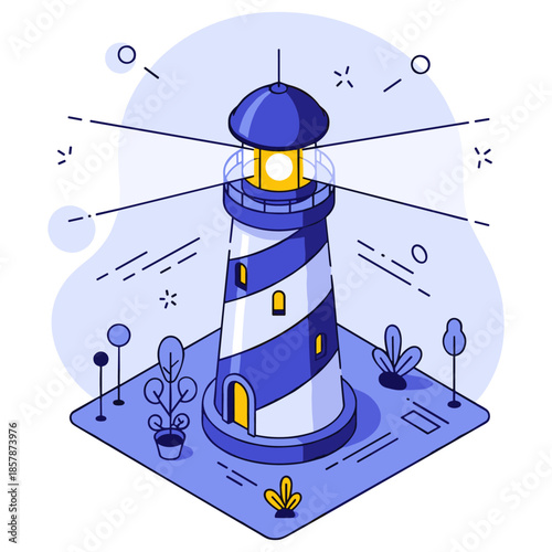 Whimsical blue and white lighthouse with plants and abstract background