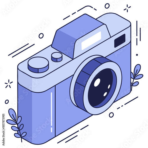 Isometric digital camera illustration in blue and purple tones