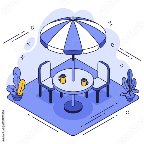 Illustrated outdoor café scene with table, chairs, and umbrella