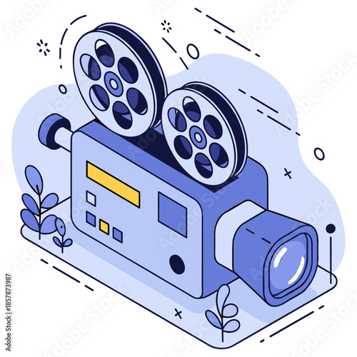 Retro film camera with reels and decorative elements in blue tone