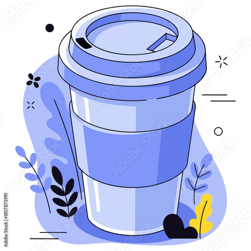 Stylized blue reusable coffee cup with abstract floral design