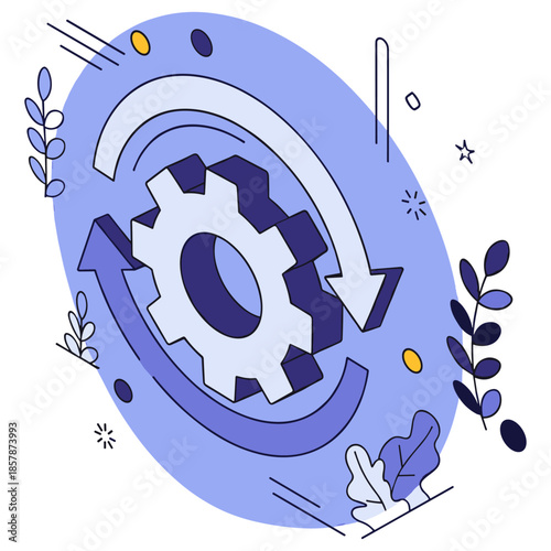 Abstract gear and arrows illustration: concept of process, rotation, and efficiency