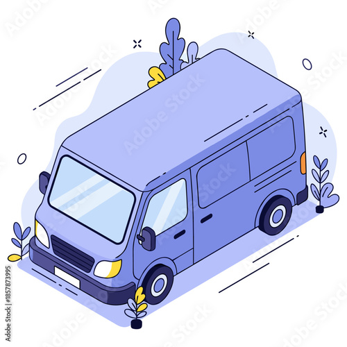 Illustrated purple delivery van with minimalistic design elements