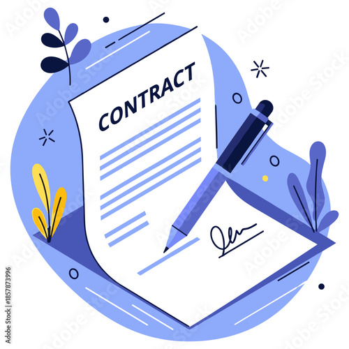 Contract agreement with signature and pen on blue background