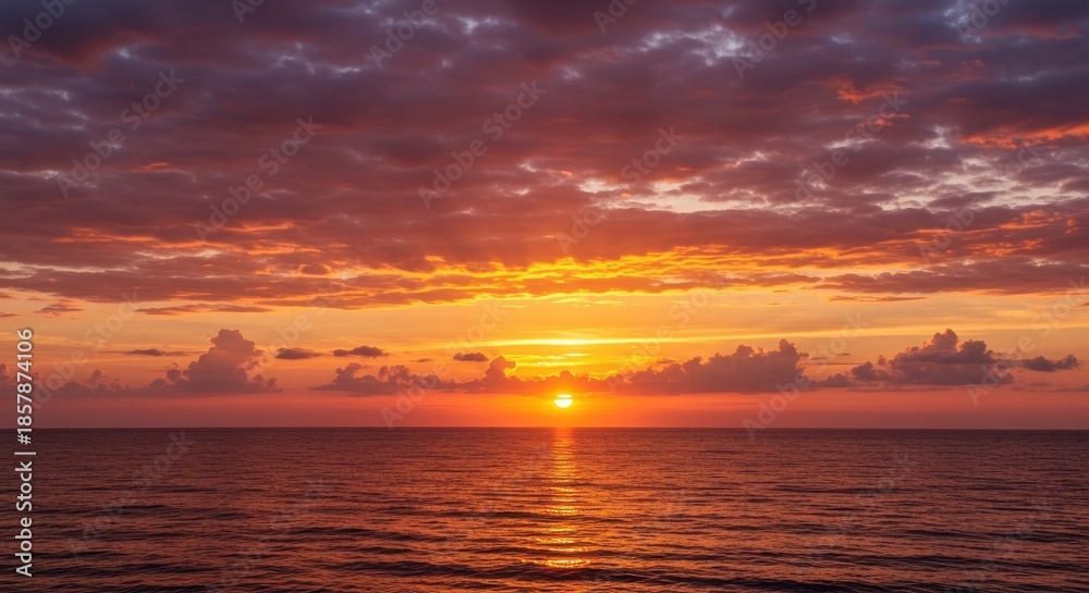 Obraz premium Intense orange and pink sky over the ocean as the brilliant sun casts golden light onto dramatic, textured clouds above the horizon ,horizon ,sunlight ,glowing