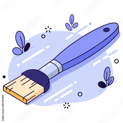 Blue paintbrush with wooden bristles and decorative leaves on light background
