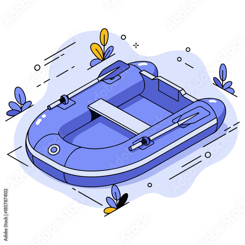 Blue inflatable boat with oars surrounded by decorative elements