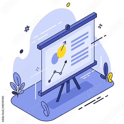 Isometric flip chart displaying business data and graphs