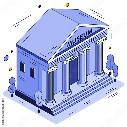 Blue isometric museum building with columns and trees