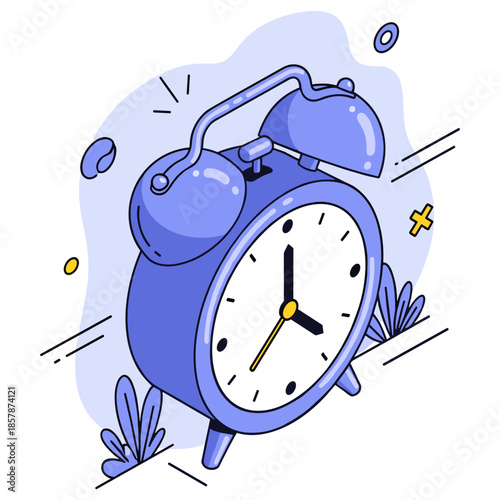 Illustrated blue retro alarm clock with bells on abstract background