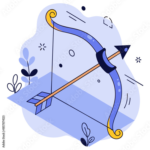 Decorative blue and yellow bow with arrow and abstract leaves design
