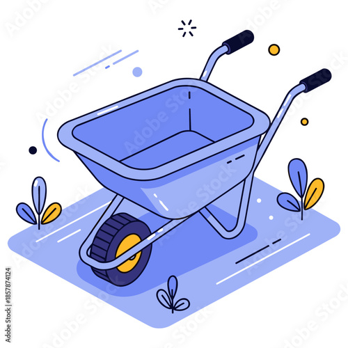 Illustrated wheelbarrow on abstract background with decorative elements